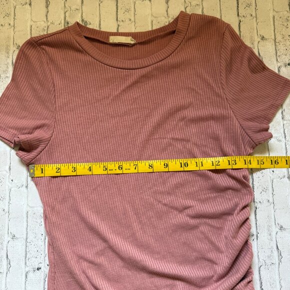 Altar'd State Ribbed Short-Sleeve Pink Midi Dress With Ruched Side Detail Size S - Picture 6 of 9